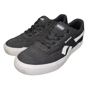 REEBOK BLACK CANVAS LOW TOP SNEAKERS KIDS 5K WHITE STRIPES CASUAL SHOES